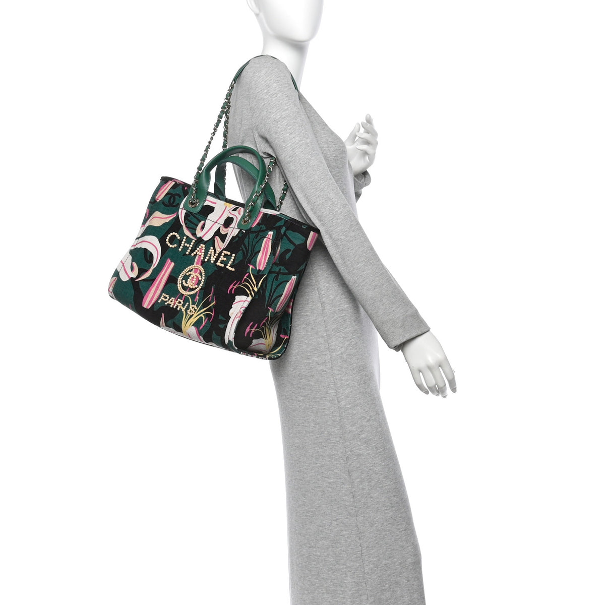 Chanel Velvet Calfskin Beaded Small Deauville Tote Pink Green Black 2 of 11