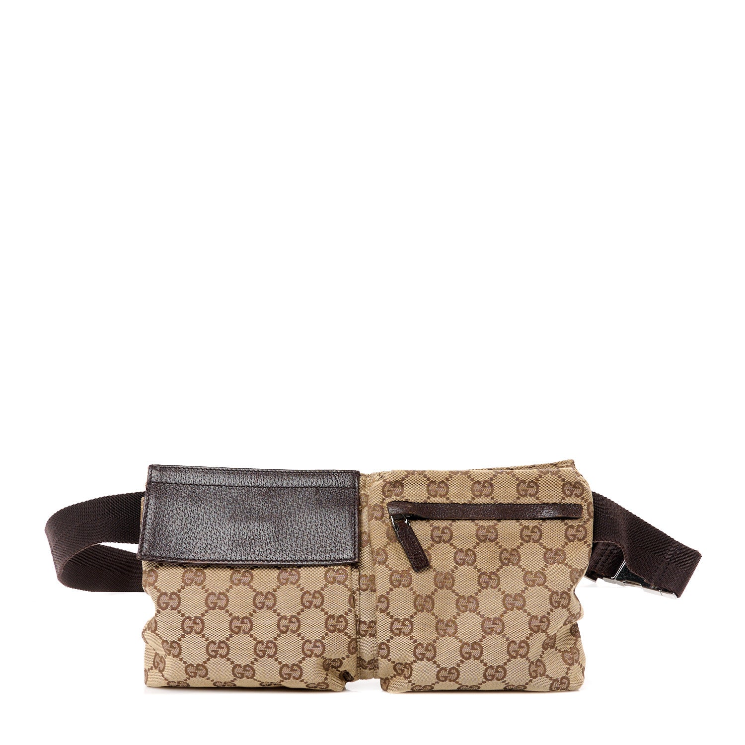 Gucci GG Monogram Web Double Pocket Belt Bag Dark Brown 1 of 14