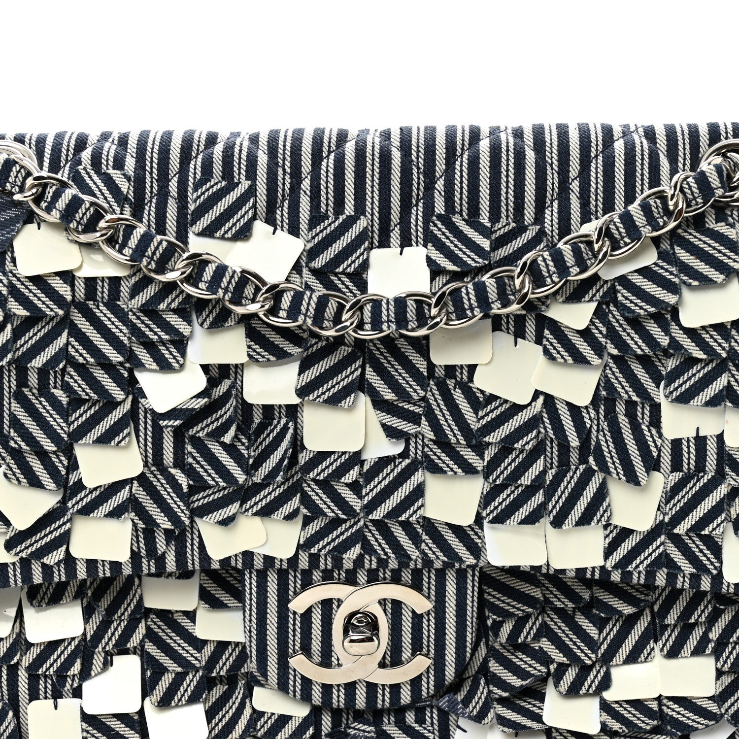 Chanel Canvas Sequin Stripe Medium Double Flap Navy Blue 1859918