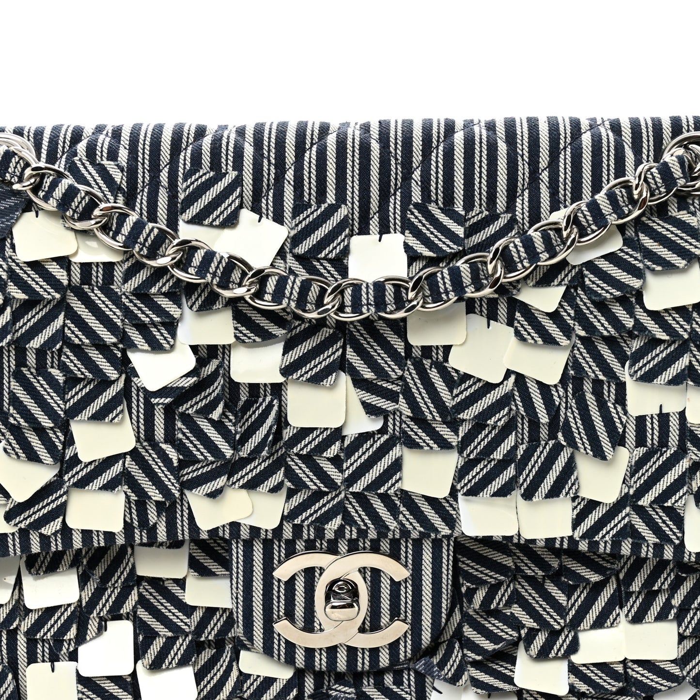 Canvas Sequin Stripe Medium Double Flap Navy Blue