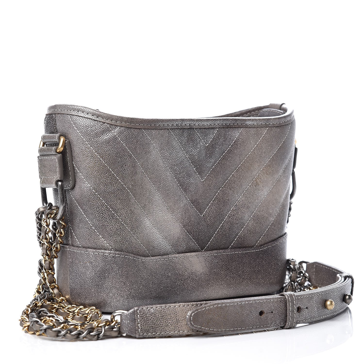 Chanel Metallic Caviar Chevron Quilted Small Gabrielle Hobo Light Silver Gold 3 of 8