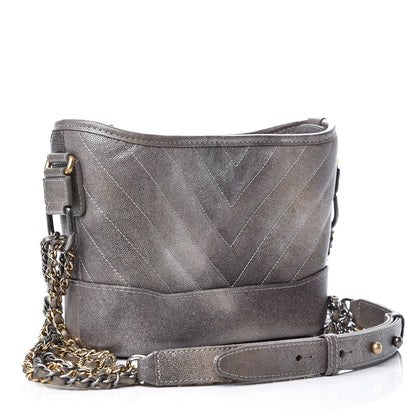 Chanel Metallic Caviar Chevron Quilted Small Gabrielle Hobo Light Silver Gold 3 of 8