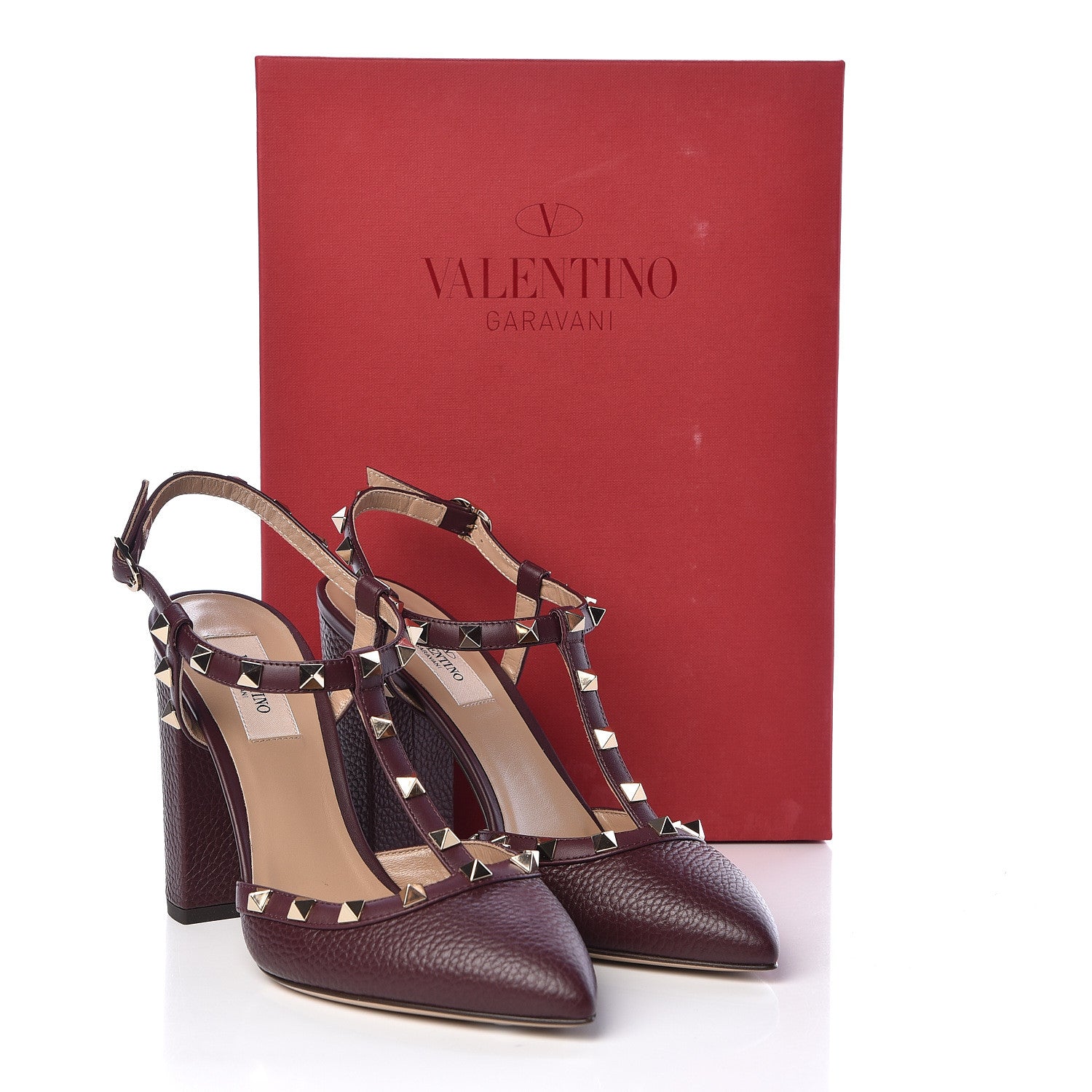 Valentino Garavani Pebbled Calfskin Rockstud T Strap 100mm Block Heel Pumps 39.5 Rubin 8 of 8