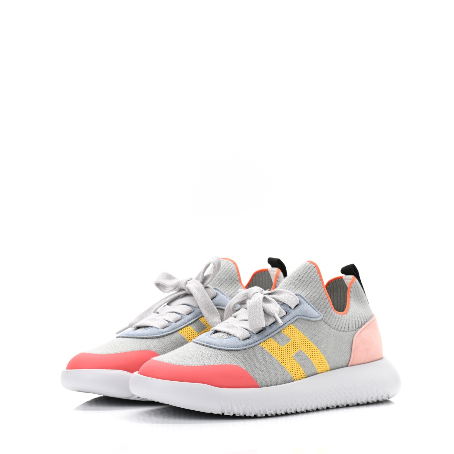 Hermes Knit Suede Goatskin Womens Crew Sneakers 37 Multicolor Gris Orange 3 of 8