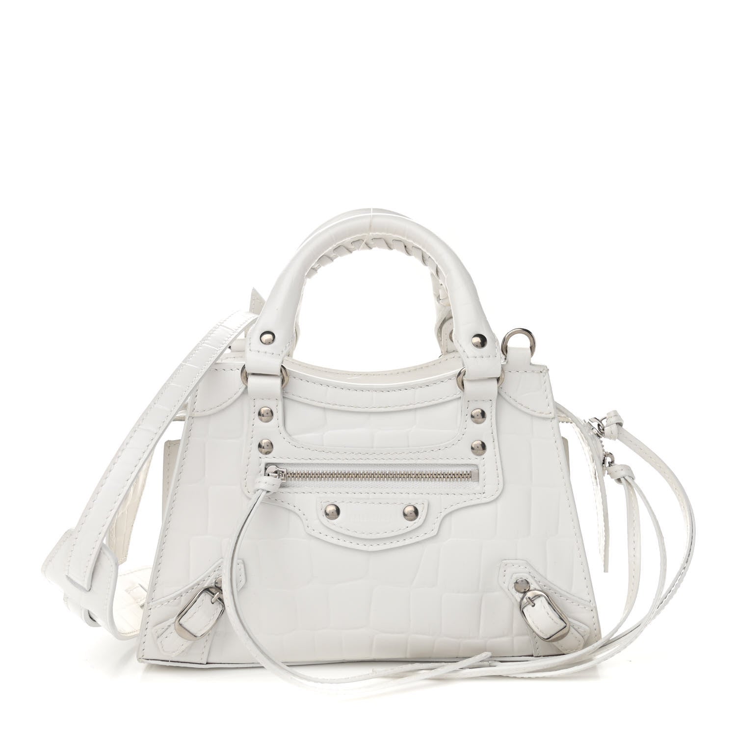 Balenciaga Semi Shiny Calfskin Crocodile Embossed Neo Classic Silver Hardware Mini City White 1 of 9
