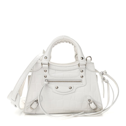 Balenciaga Semi Shiny Calfskin Crocodile Embossed Neo Classic Silver Hardware Mini City White 1 of 9