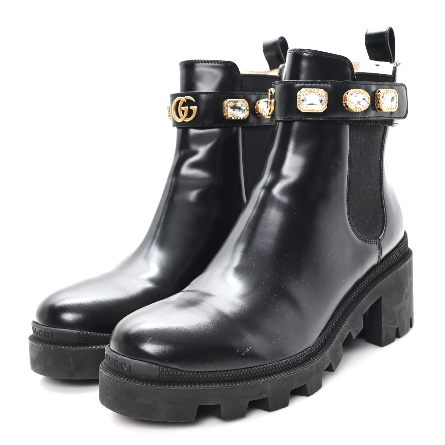 Calfskin Crystal GG Trip Chelsea Ankle Boots 41 Black