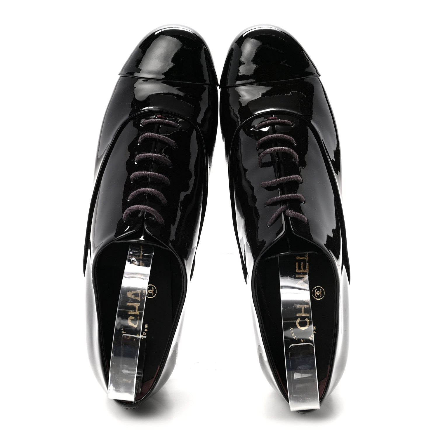 Chanel Patent Calfskin Pearl CC Lace Up Oxfords 40 Burgundy Black 2 of 9