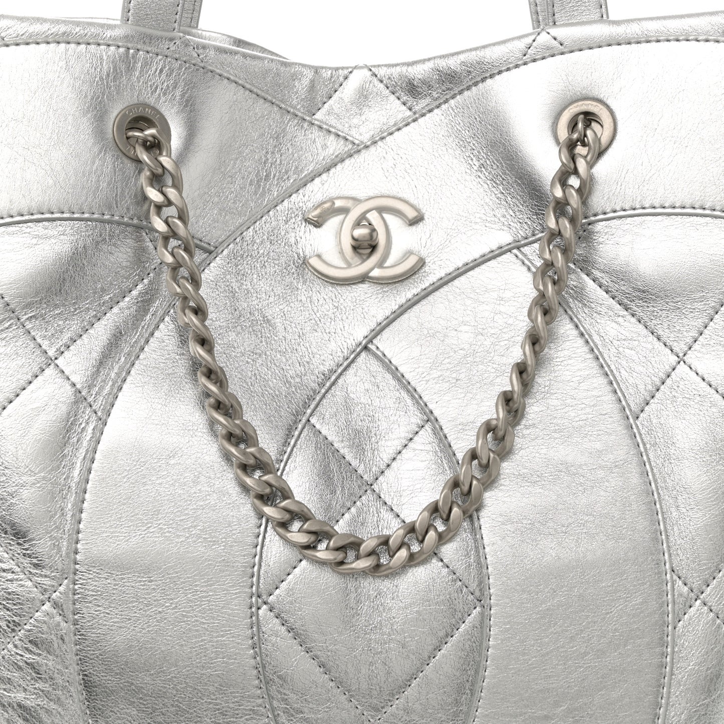 Metallic Calfskin Stitched CC Shopper Tote Silvery