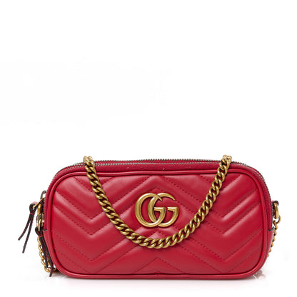 Gucci Calfskin Matelasse Mini GG Marmont Chain Crossbody Bag Hibiscus Red 1 of 12