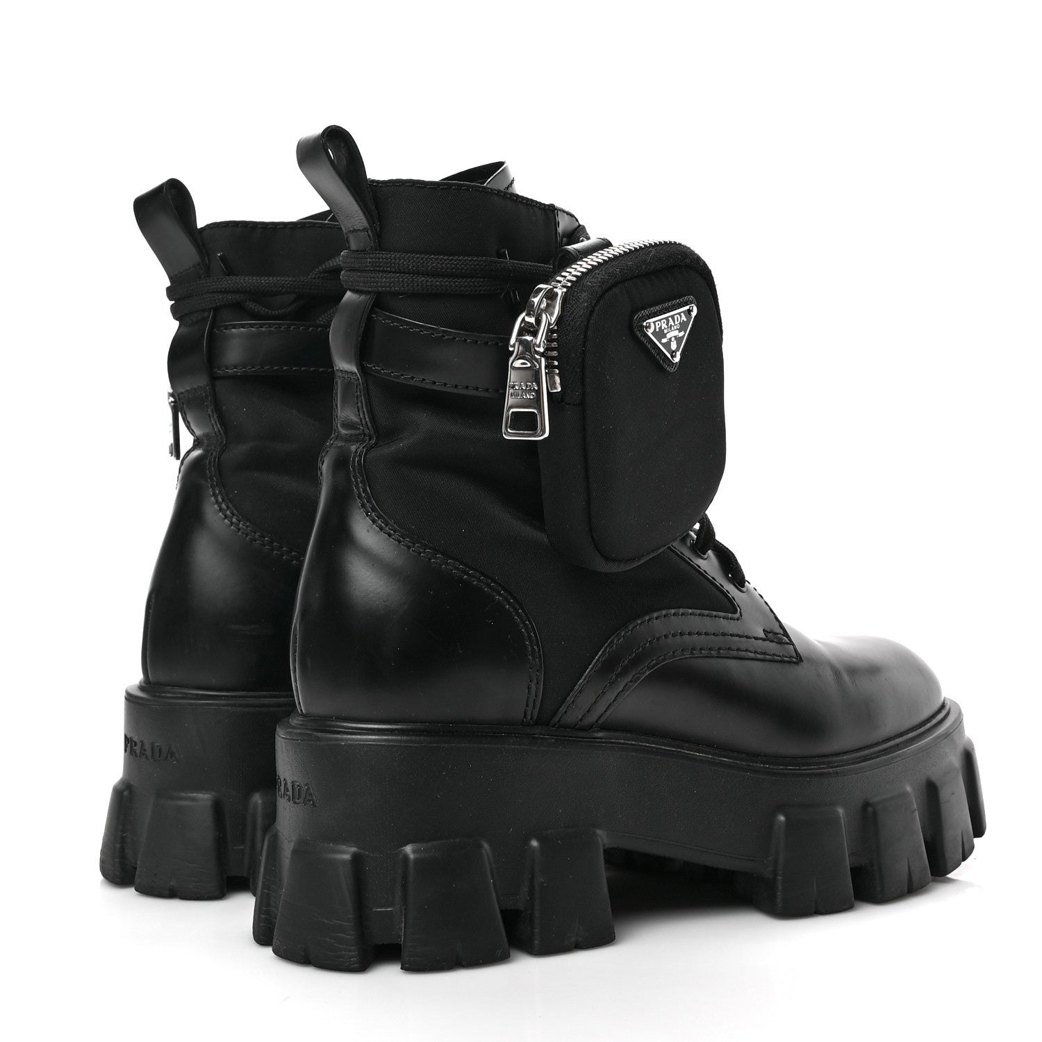 Prada Spazzolato Rois Re-Nylon Metal Triangle Logo Monolith Pouch Pocket 55mm Boots 37 Black 4 of 6