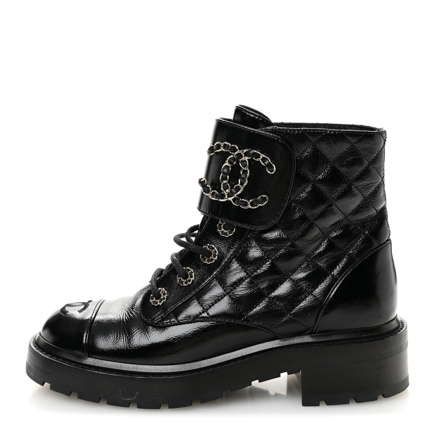 Shiny Calfskin Quilted Lace Up Combat Boots 37.5 Black