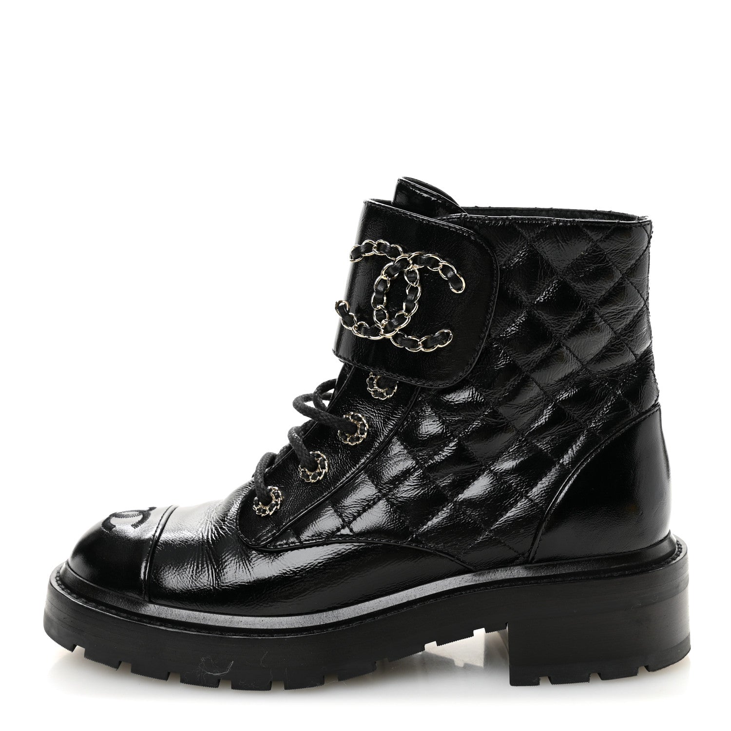 Chanel Shiny Calfskin Quilted Lace Up Combat Boots 37.5 Black 1 of 10