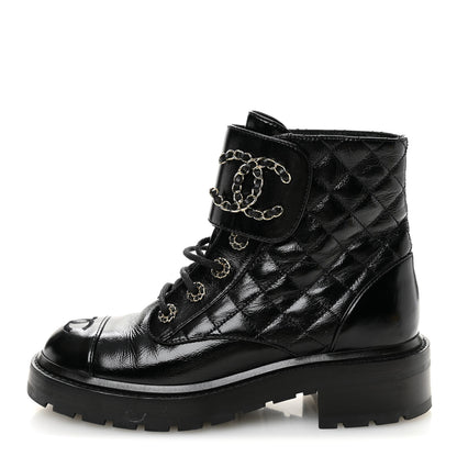 Chanel Shiny Calfskin Quilted Lace Up Combat Boots 37.5 Black 1 of 10