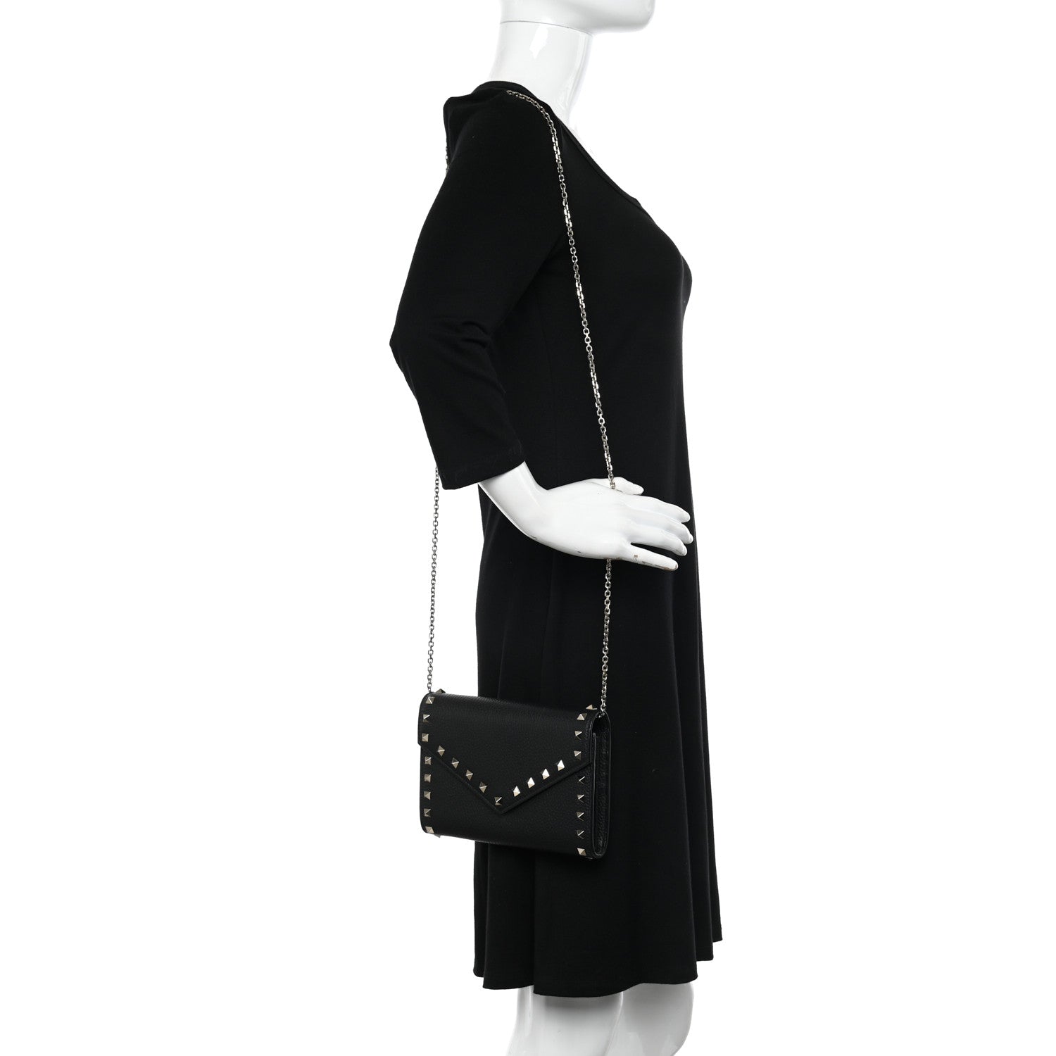 Valentino Garavani Pebbled Calfskin Rockstud Envelope Wallet on Chain Black 2 of 10