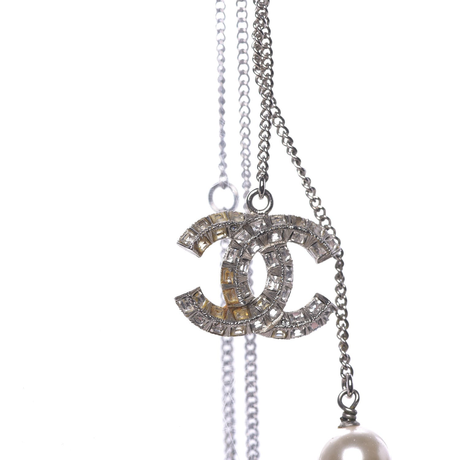 Chanel Baguette Crystal Pearl CC Lariat Necklace Silver 7 of 7