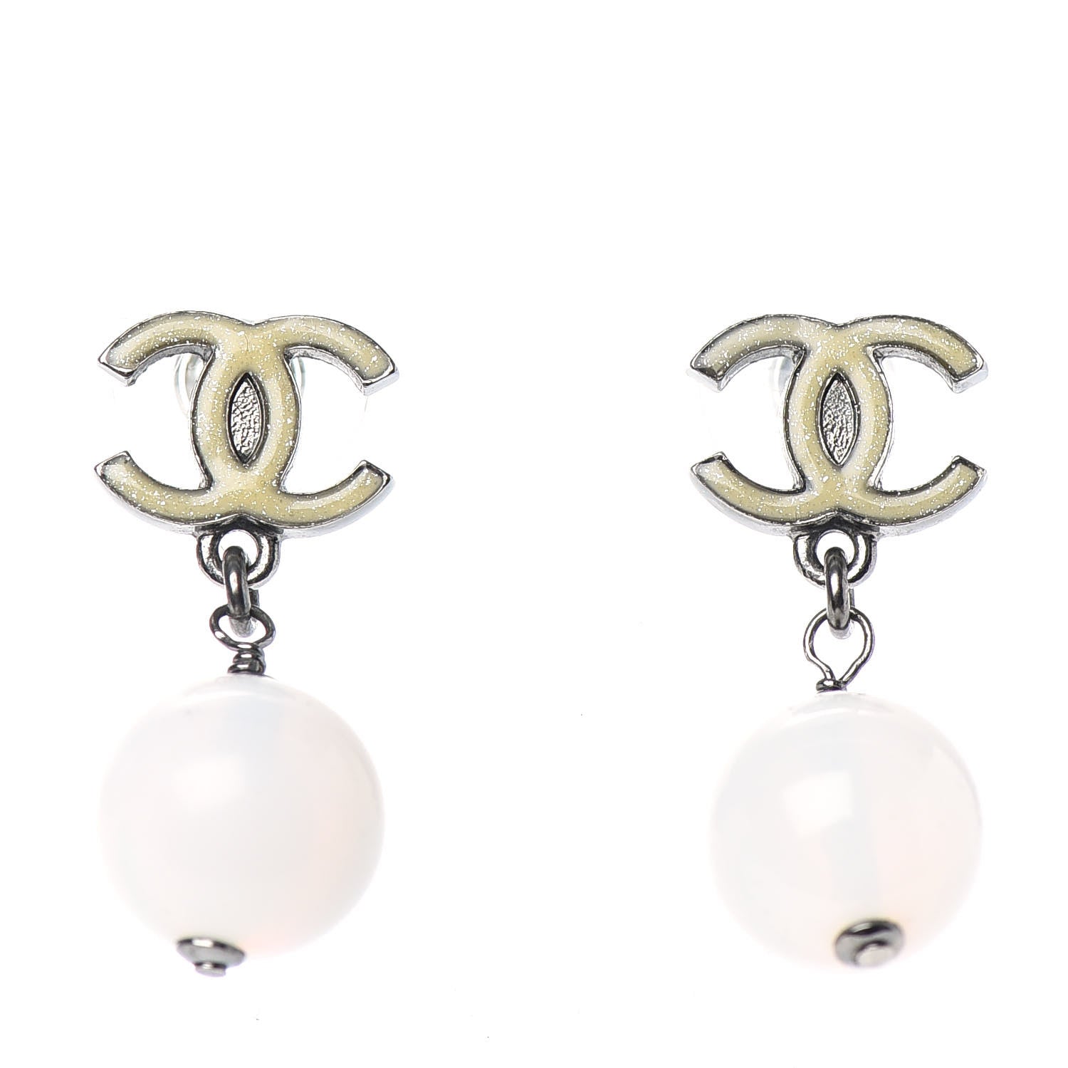 Chanel Enamel Resin CC Drop Earrings White Silver 1 of 4