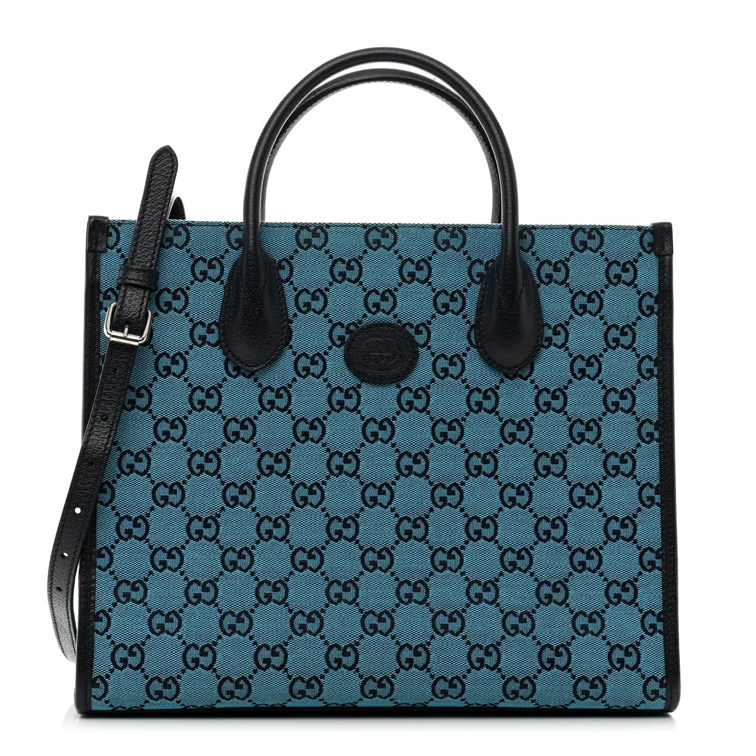 Gucci Monogram Multicolor Textured Dollar Calfskin Small Retro Interlocking G Tote Bag Light Blue 1 of 9