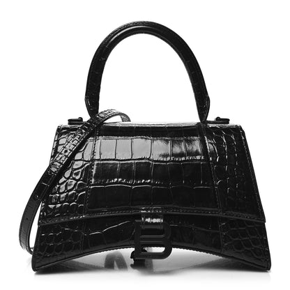 Balenciaga Shiny Calfskin Monochrome Crocodile Embossed Small Hourglass Top Handle Bag Black 1 of 10