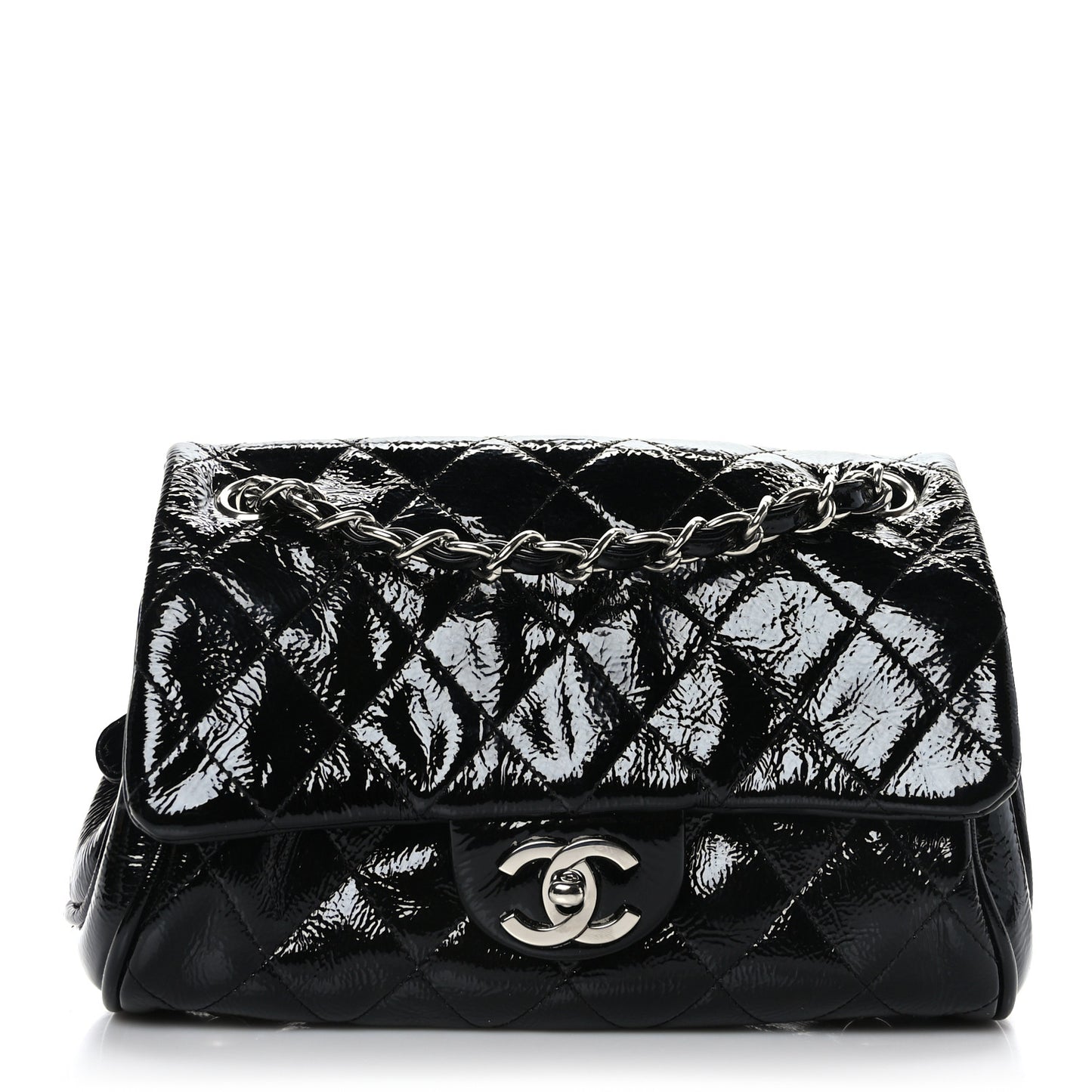 Distressed Patent Quilted Single Flap Bag Black