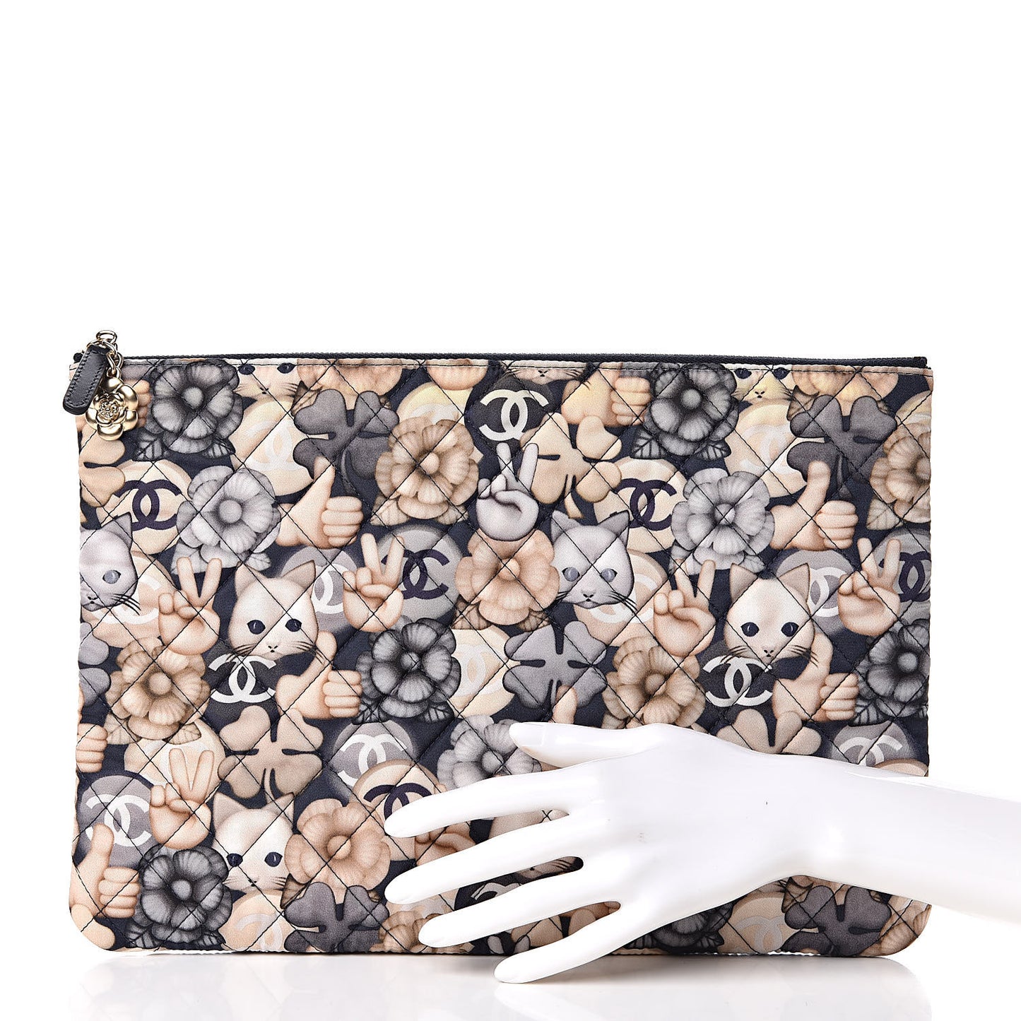 Nylon Quilted Large Cat Emoticon Cosmetic Case Navy