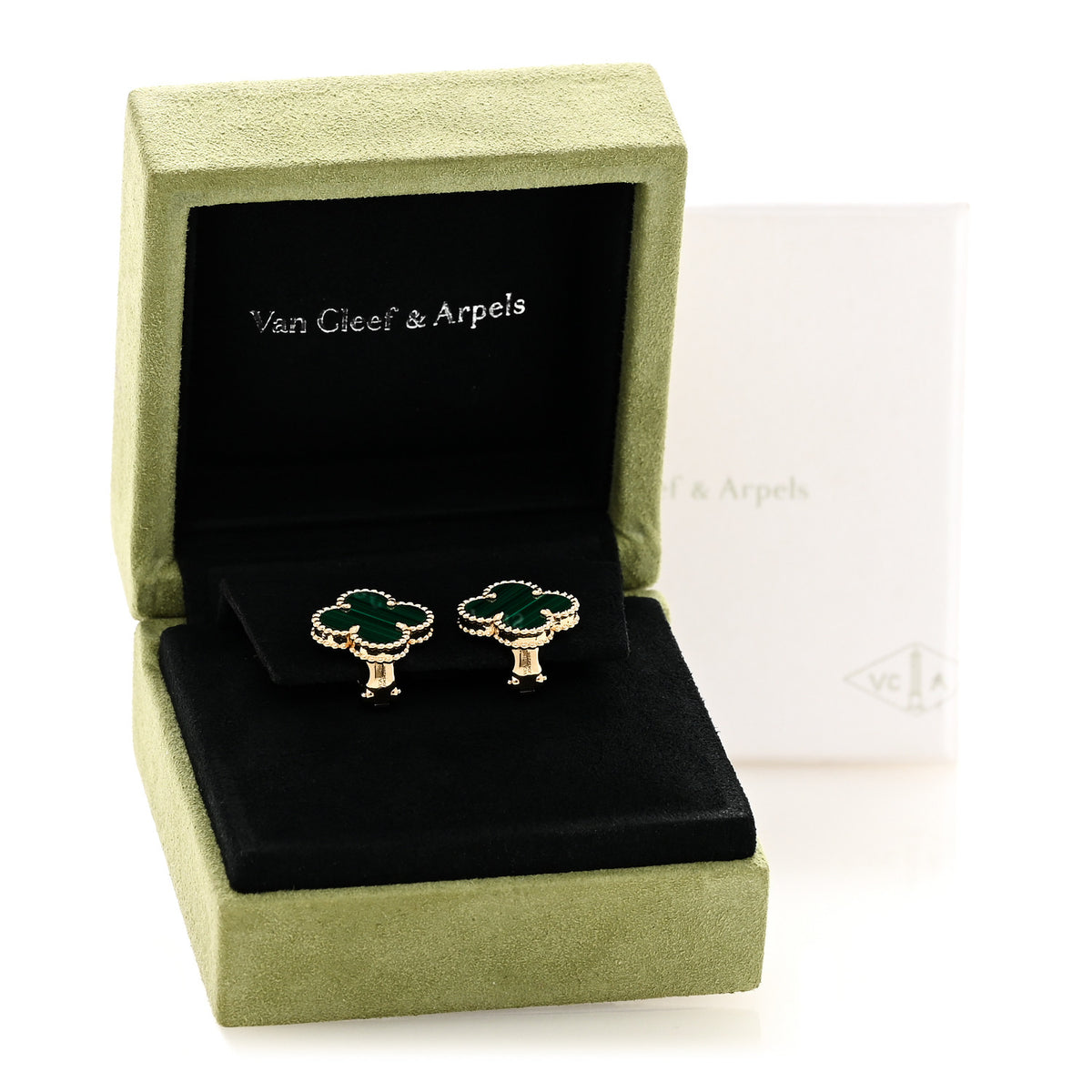 Van Cleef & Arpels 18K Yellow Gold Malachite Vintage Alhambra Earrings 5 of 5