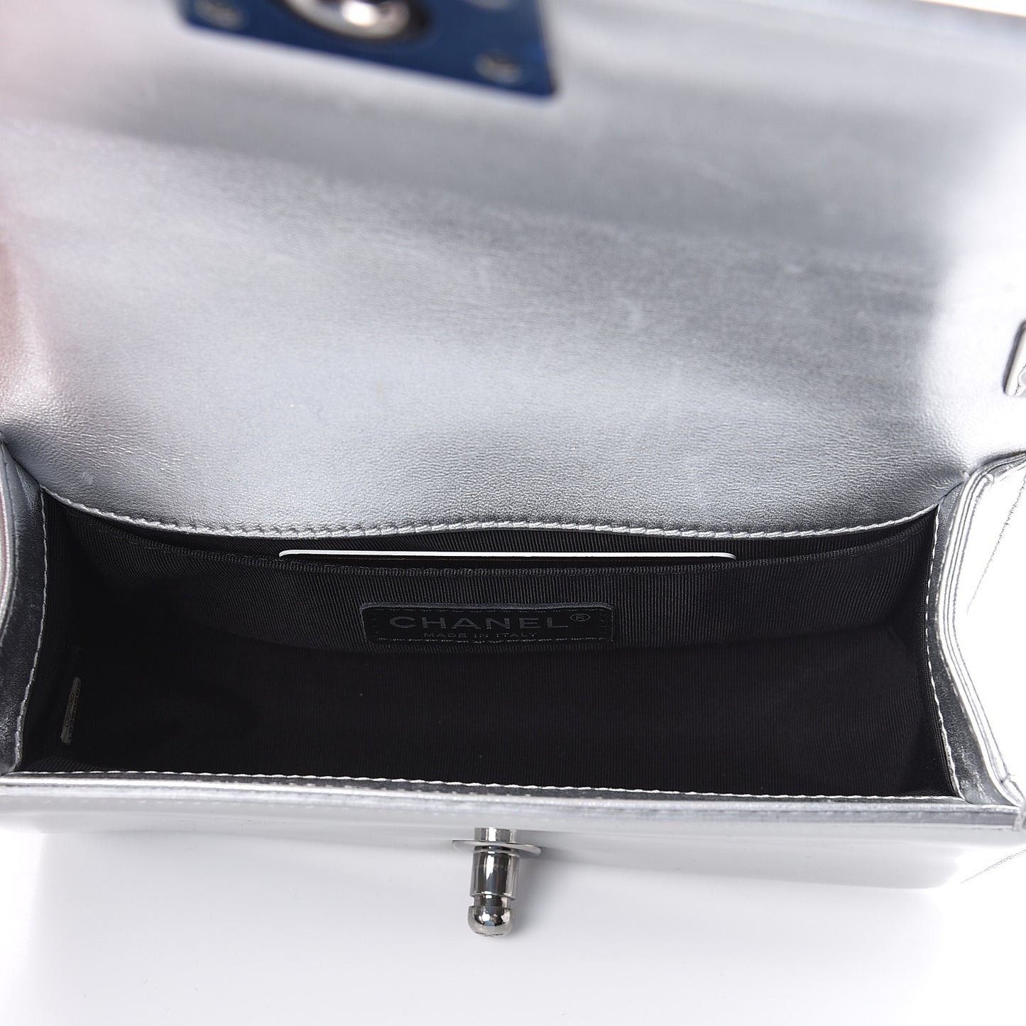 Metallic Patent Calfskin Quilted Small Boy Flap Silver