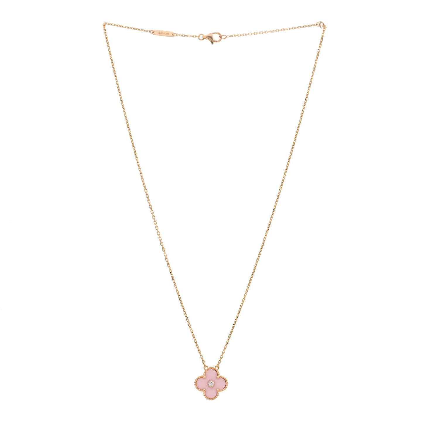 18K Rose Gold Diamond Pink Porcelain Vintage Alhambra Pendant Necklace
