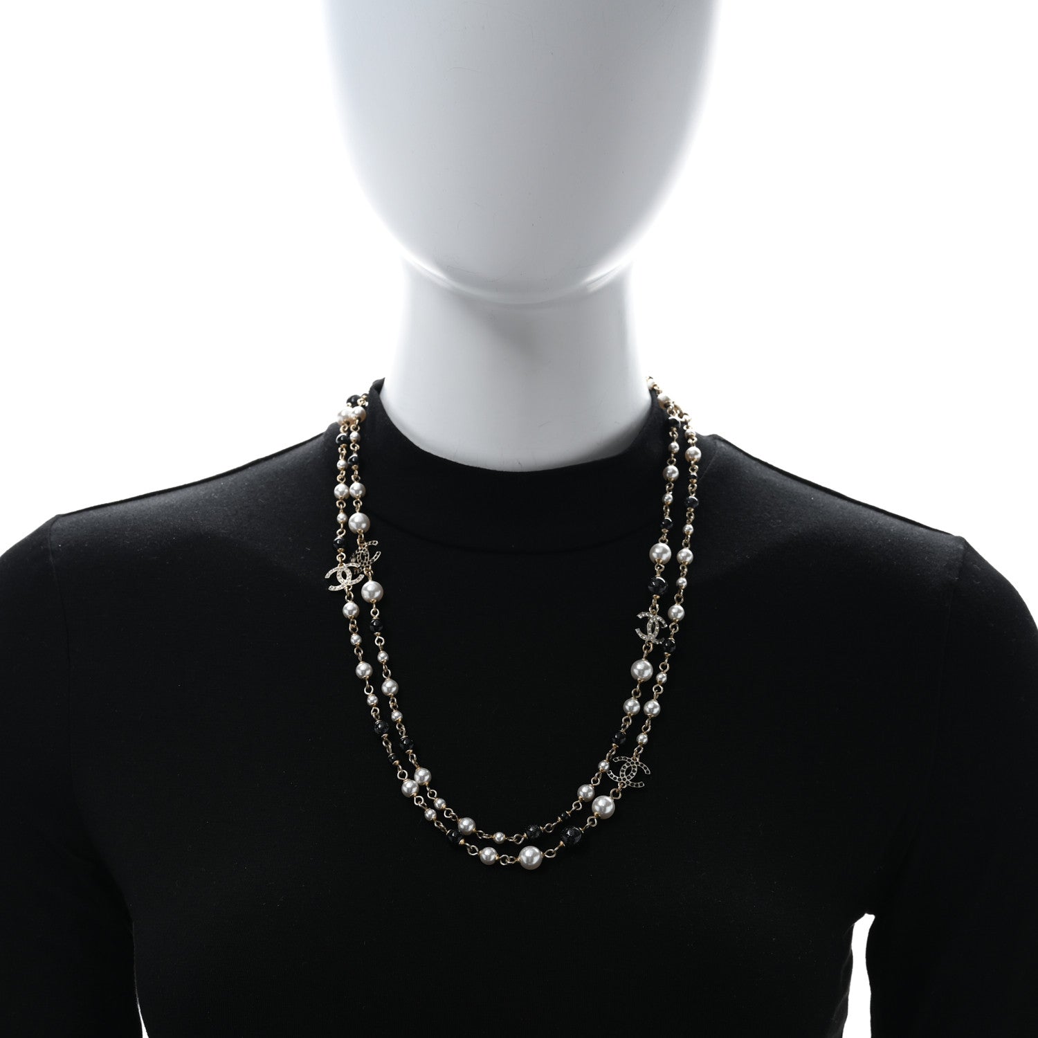 Chanel Pearl Bead Crystal CC Long Necklace Black Gold 2 of 4