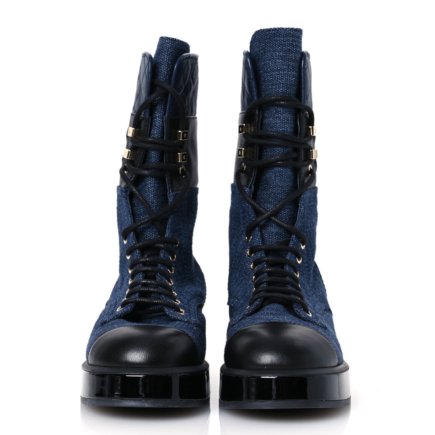 Denim Patent Lambskin Quilted CC Lace Up Combat Boots 36.5 Navy Blue Black