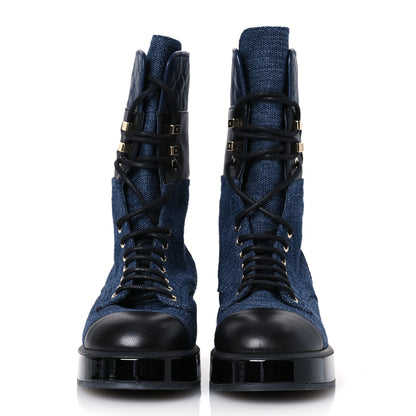 Chanel Denim Patent Lambskin Quilted CC Lace Up Combat Boots 36.5 Navy Blue Black 3 of 10