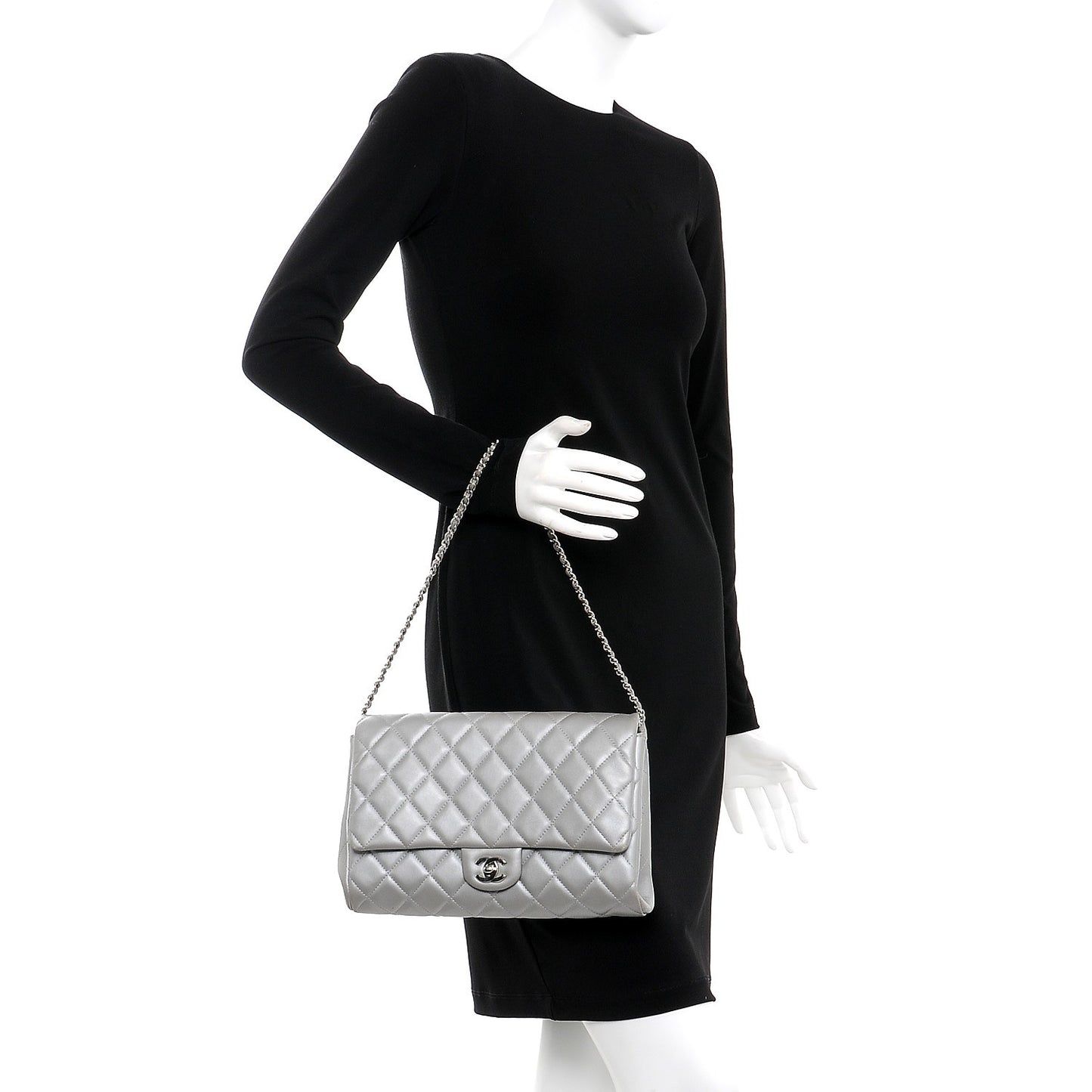 Metallic Lambskin Quilted Clutch With Chain Flap Grey