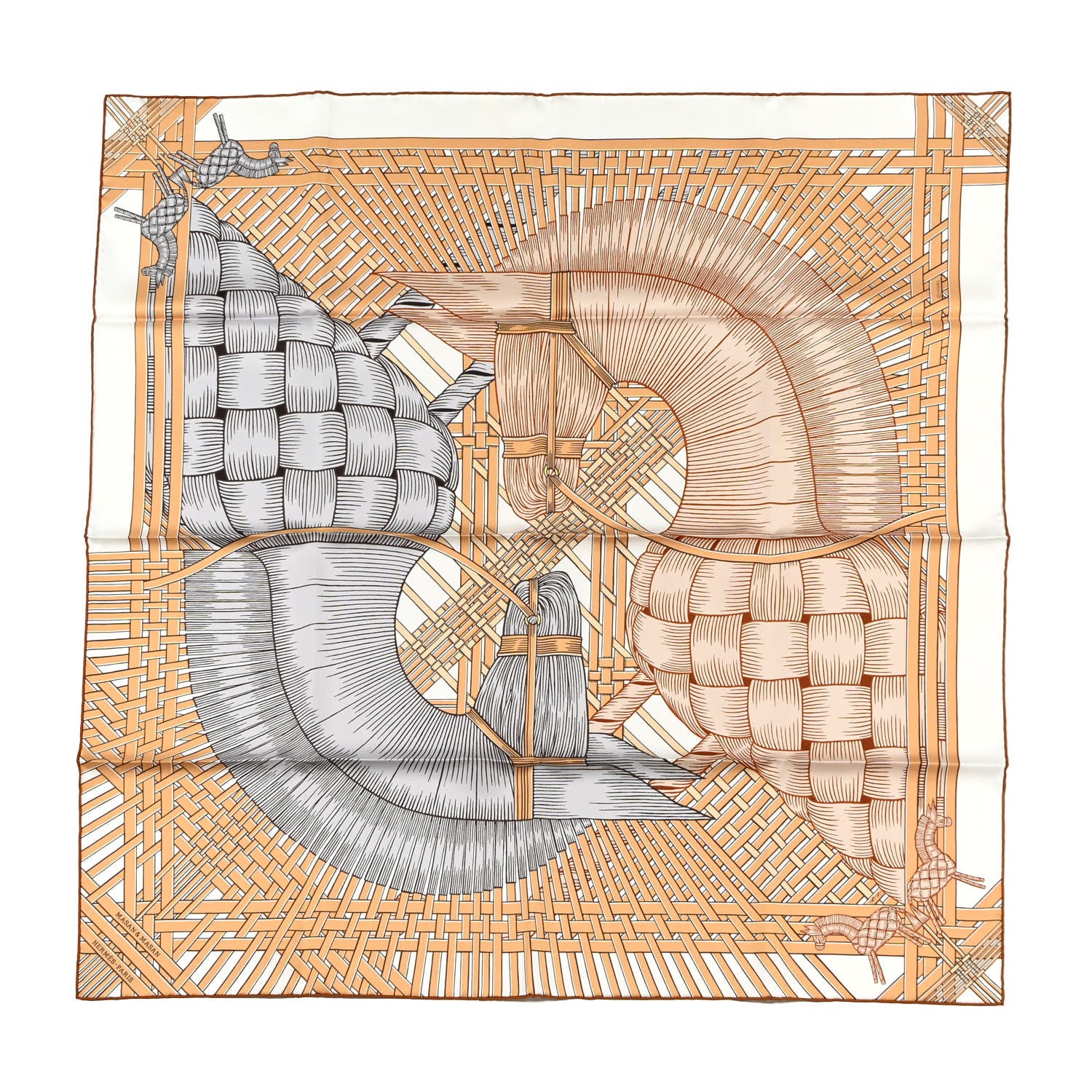 Hermes Silk Masan & Masan Scarf 90 White Beige Gris 1 of 4