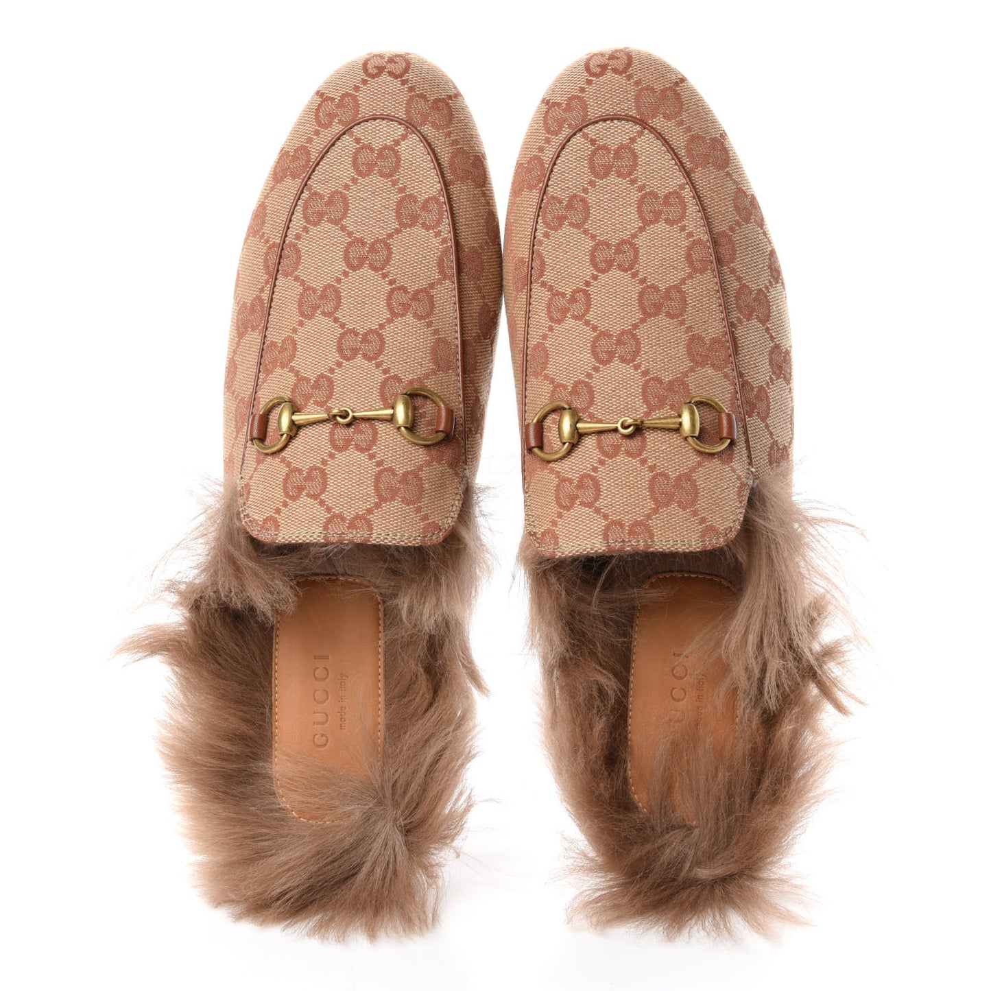GG Monogram Fur Womens Princetown Slippers 40 Beige Ruggine Rust