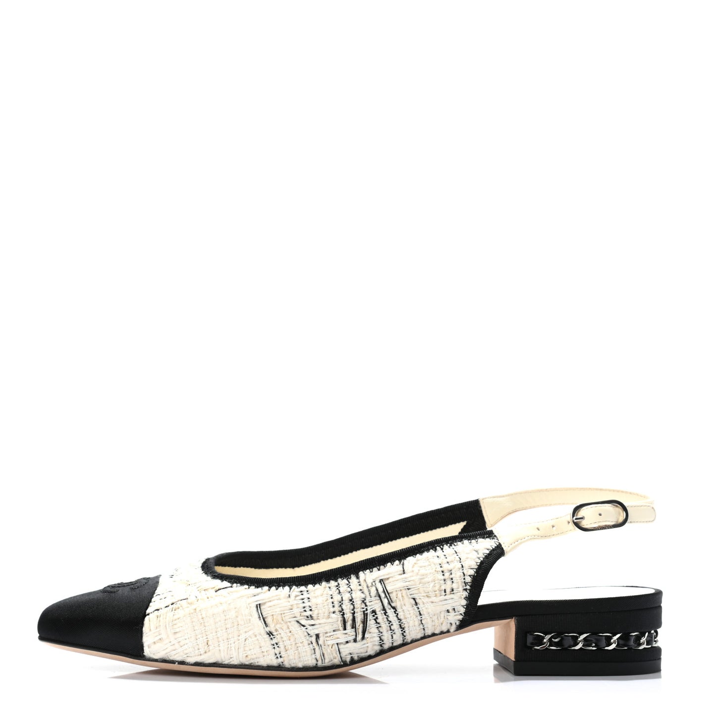 Tweed Cap Toe CC Slingback Flat 38.5 Ecru Black
