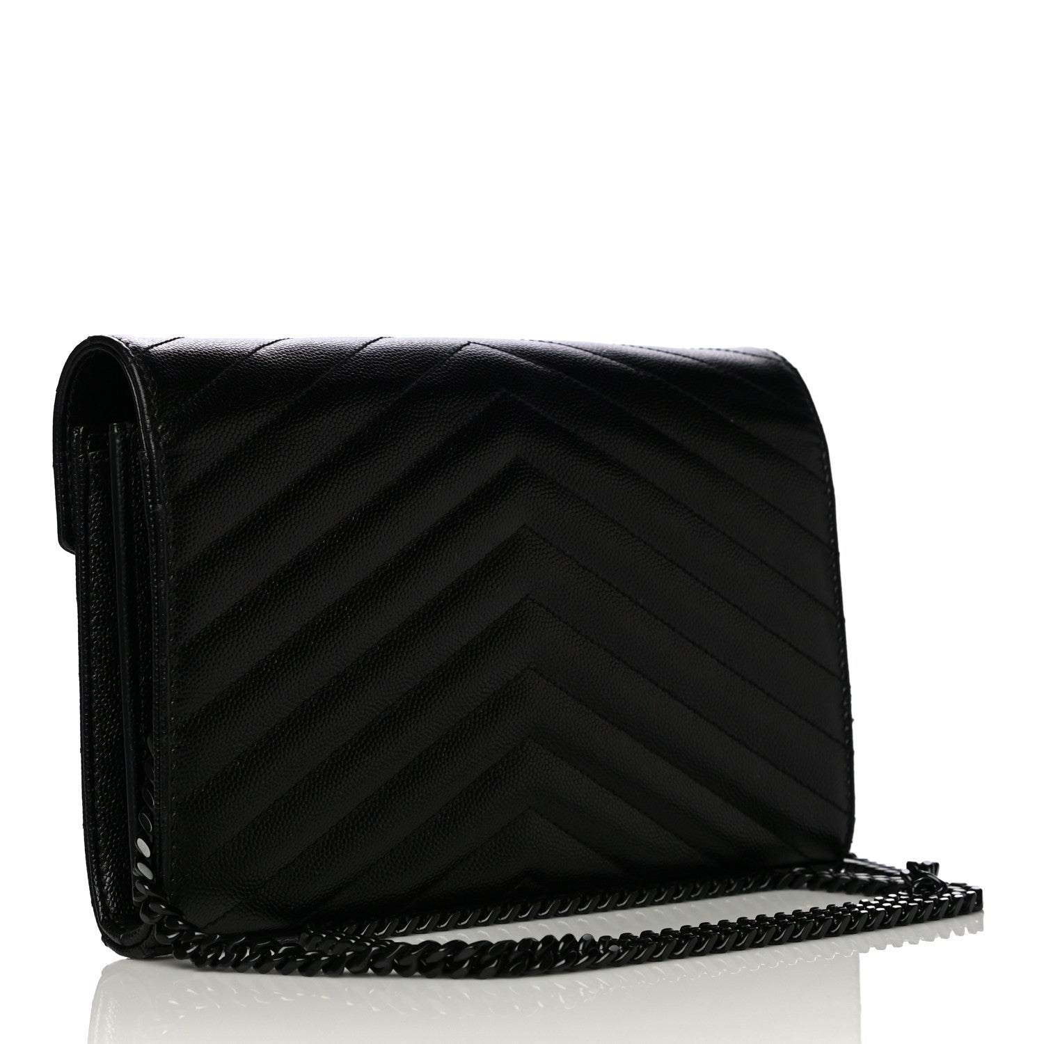 Saint Laurent Grain De Poudre Matelasse Chevron Monogram Chain Wallet Black 3 of 10