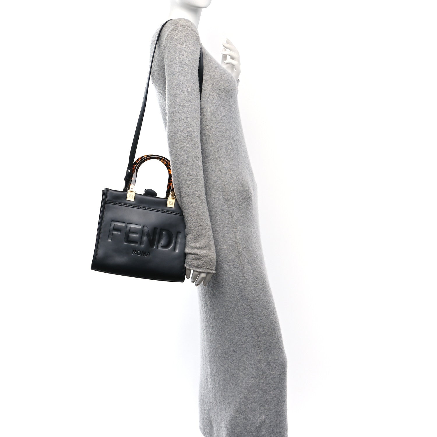 Fendi Vitello King Plexiglass Logo Embossed Small Fendi Sunshine Shopper Tote Black 2 of 9