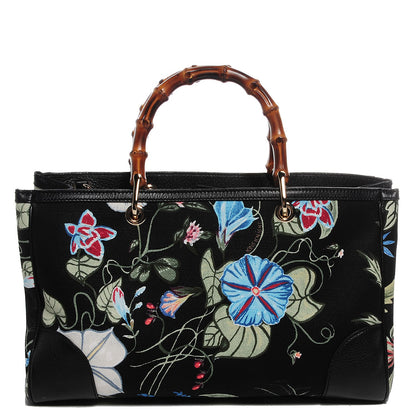 Gucci Canvas Cellarius Calfskin Flora Knight Medium Bamboo Shopper Tote Black 1 of 10