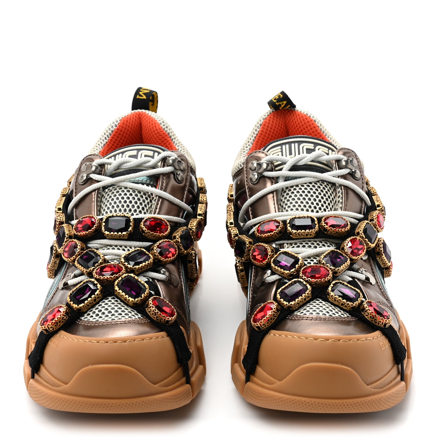 Gucci X SEGA Metallic Calfskin Mesh Removable Crystals Womens Flashtrek Sneakers 40.5 Rame Mystic White Lago 2 of 9