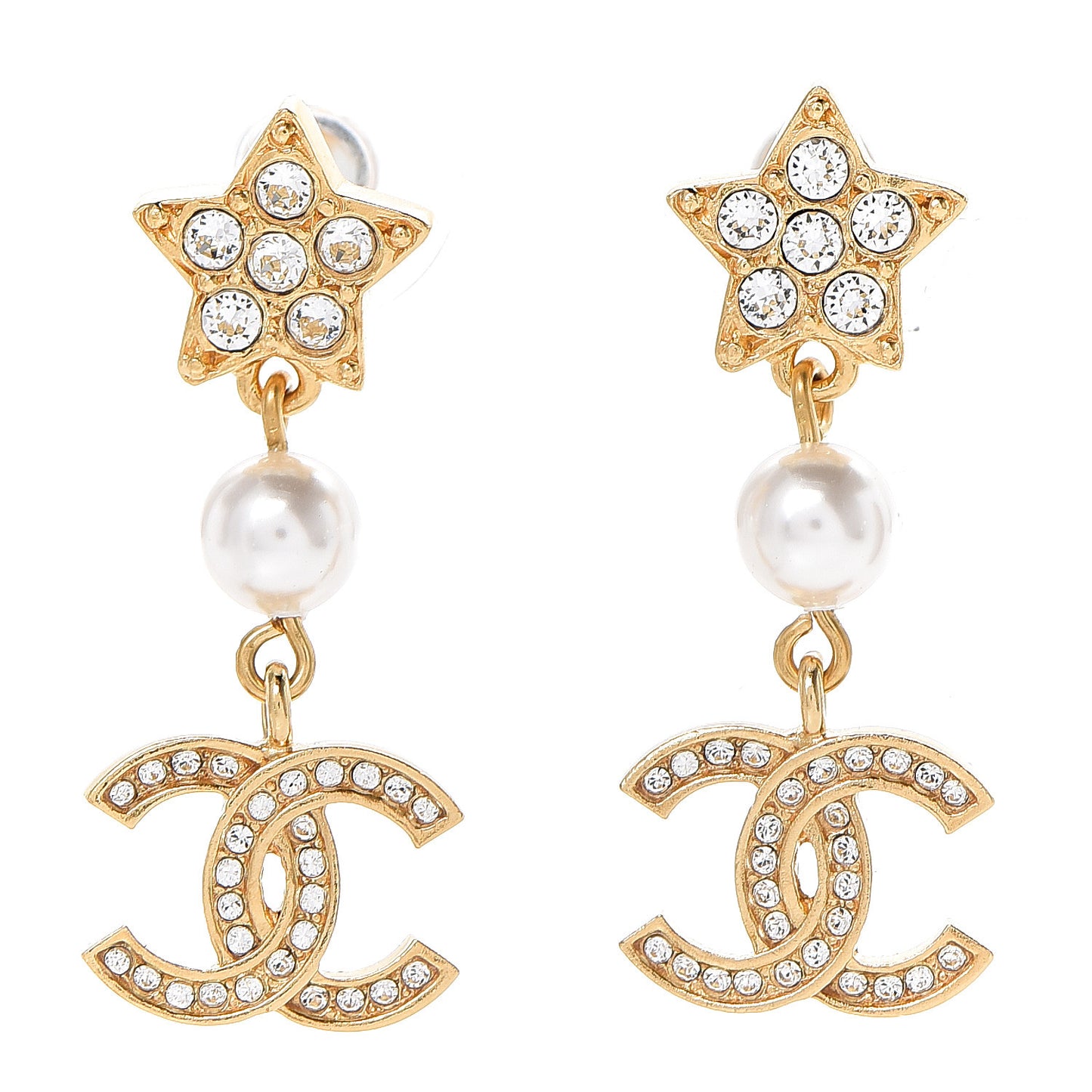 Crystal Pearl CC Star Drop Earrings Gold