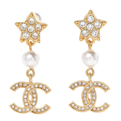 Chanel Crystal Pearl CC Star Drop Earrings Gold 1 of 4
