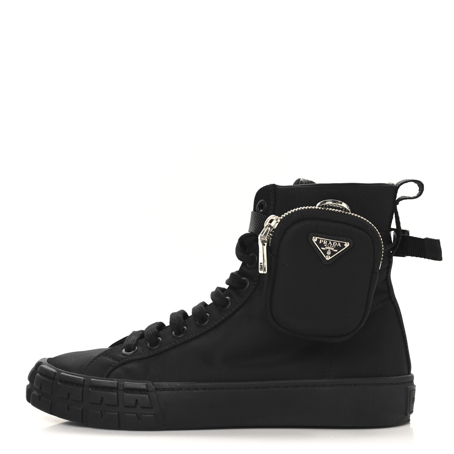 Prada Re-Nylon Gabardine Metal Triangle Logo Womens Wheel Pouch Pocket High Top Sneakers 40.5 Black 1 of 9