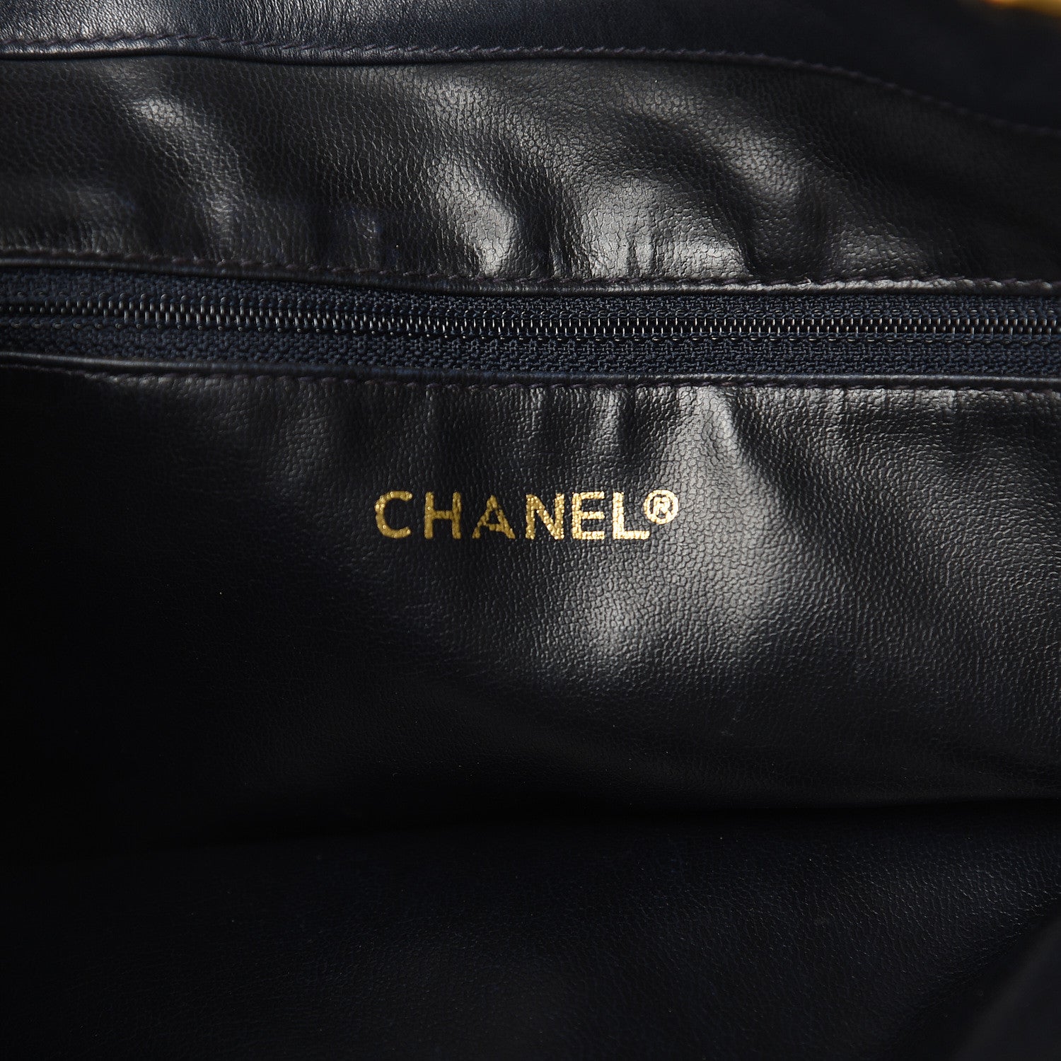 Chanel Lambskin Canvas Quilted CC Drawstring Shoulder Bag Beige Navy 6 of 15