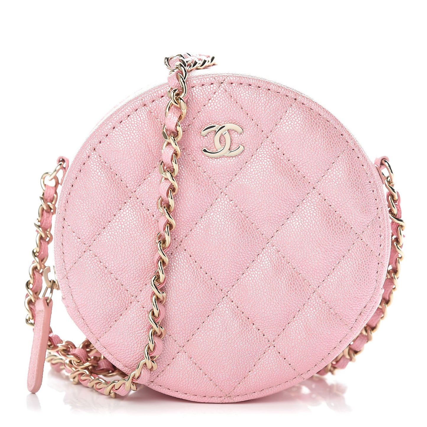 Iridescent Caviar Quilted Round Clutch With Chain Pink