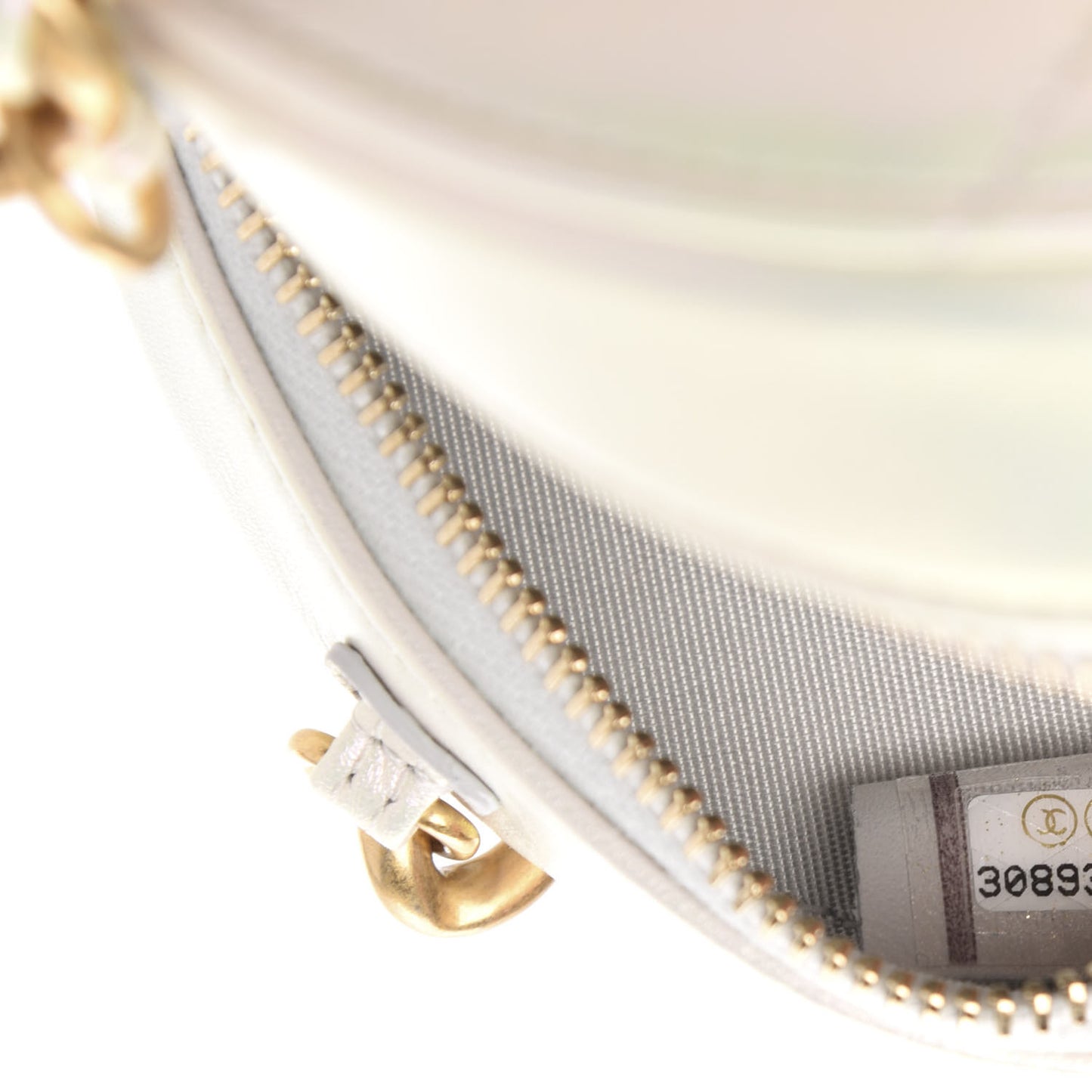Iridescent Calfskin Quilted 19 Round Clutch With Chain White