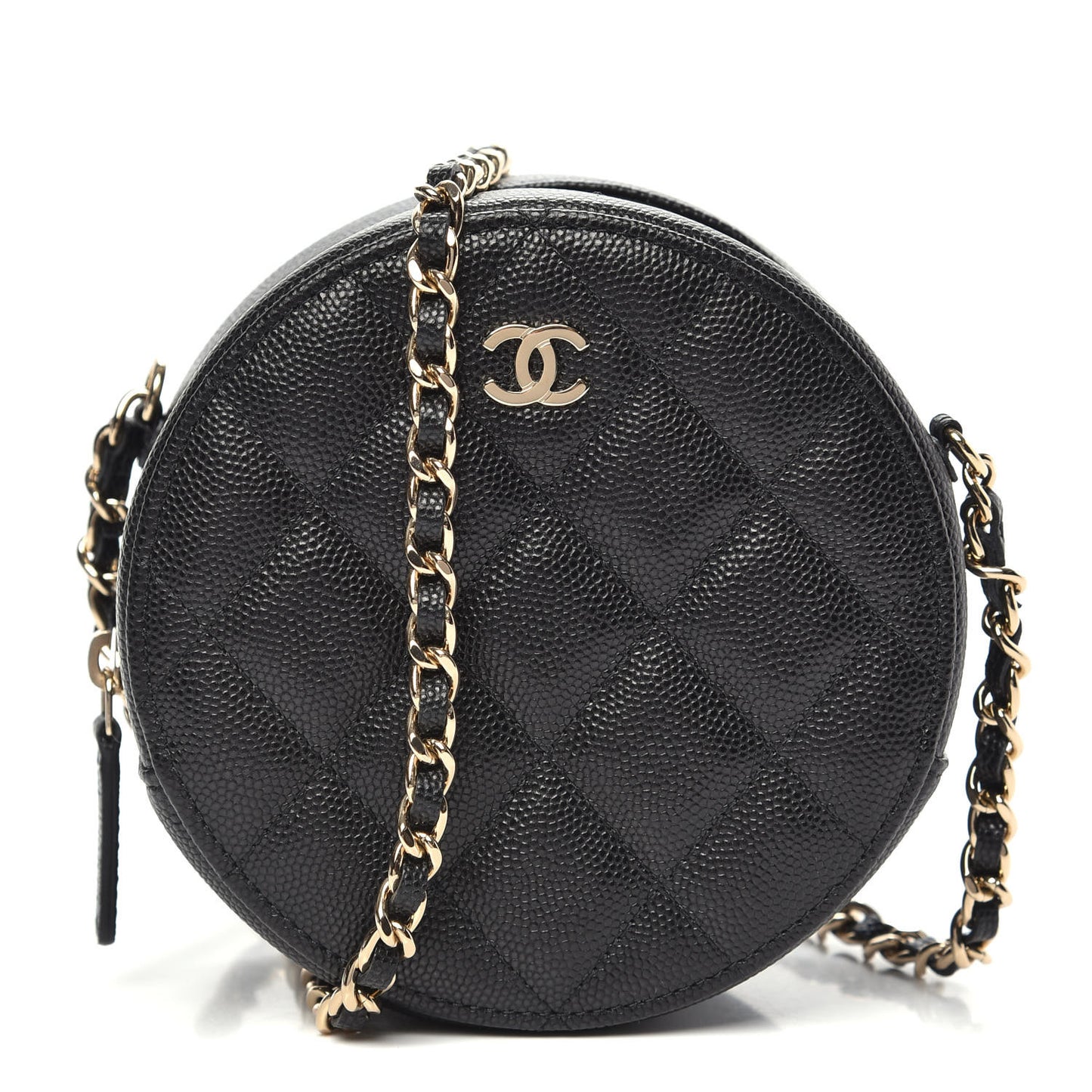 Caviar Quilted Round Clutch With Chain Black