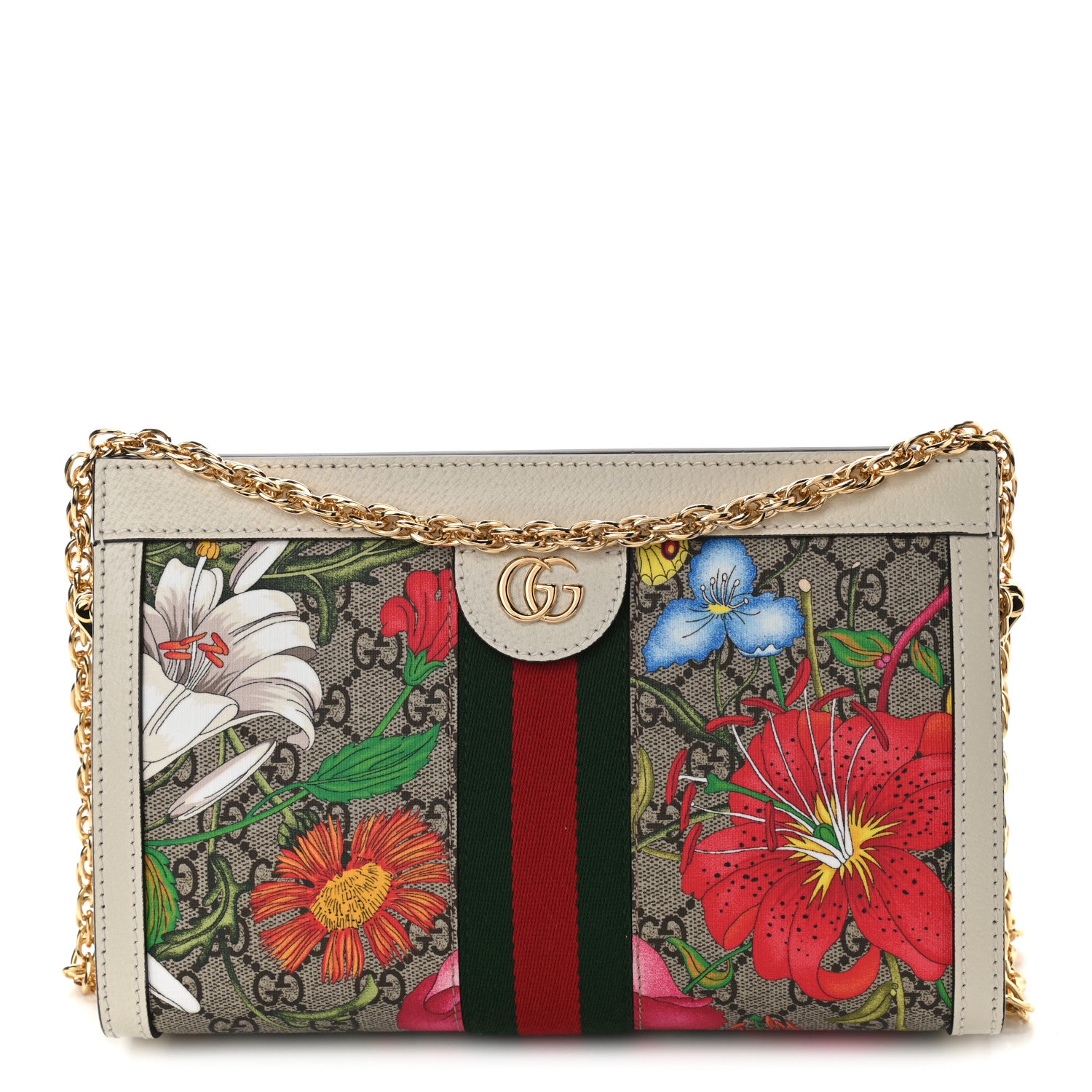 Gucci GG Supreme Monogram Flora Web Small Ophidia Chain Shoulder Bag White 1 of 9