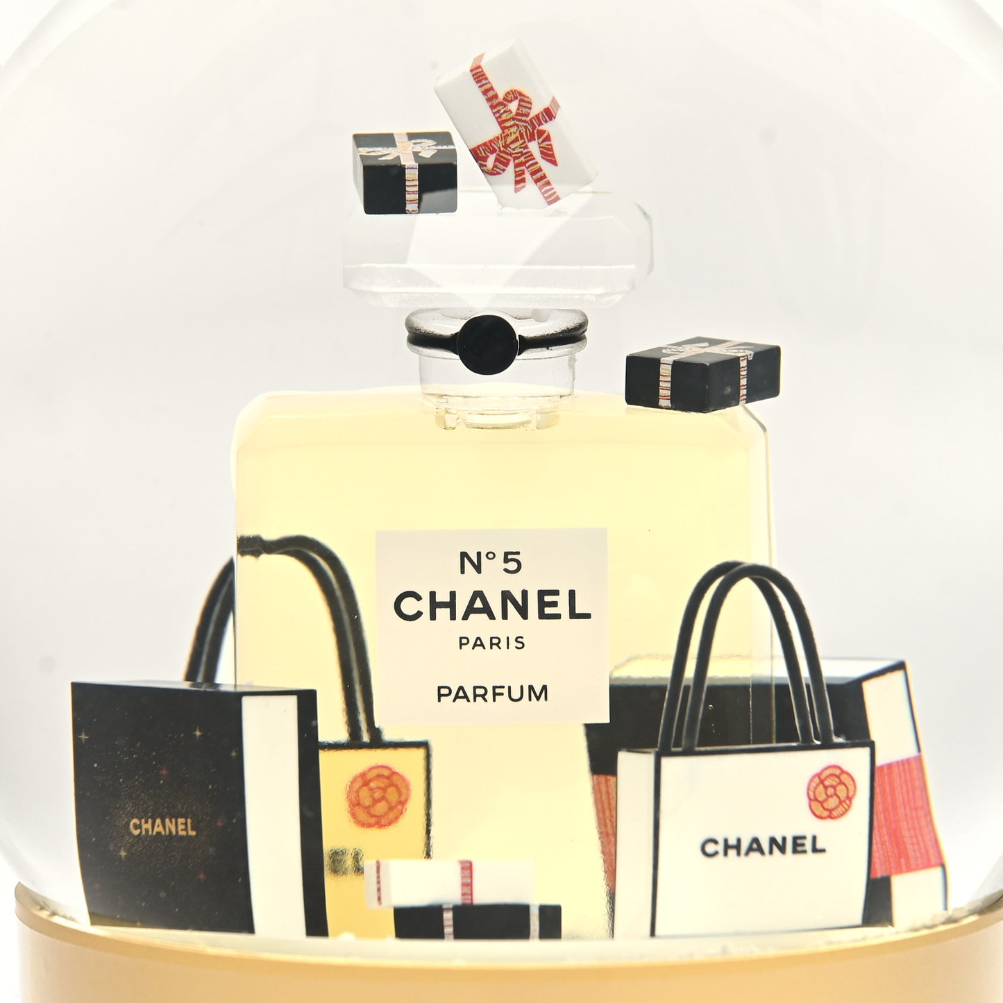 Glass N°5 Perfume Bottle Snow Globe Gold
