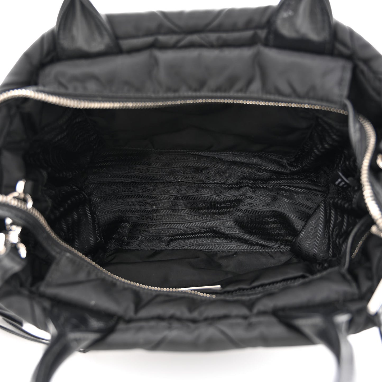 Re-Nylon Nappa Triangle Quilted Padded Small Double Handled Zip Tote Black