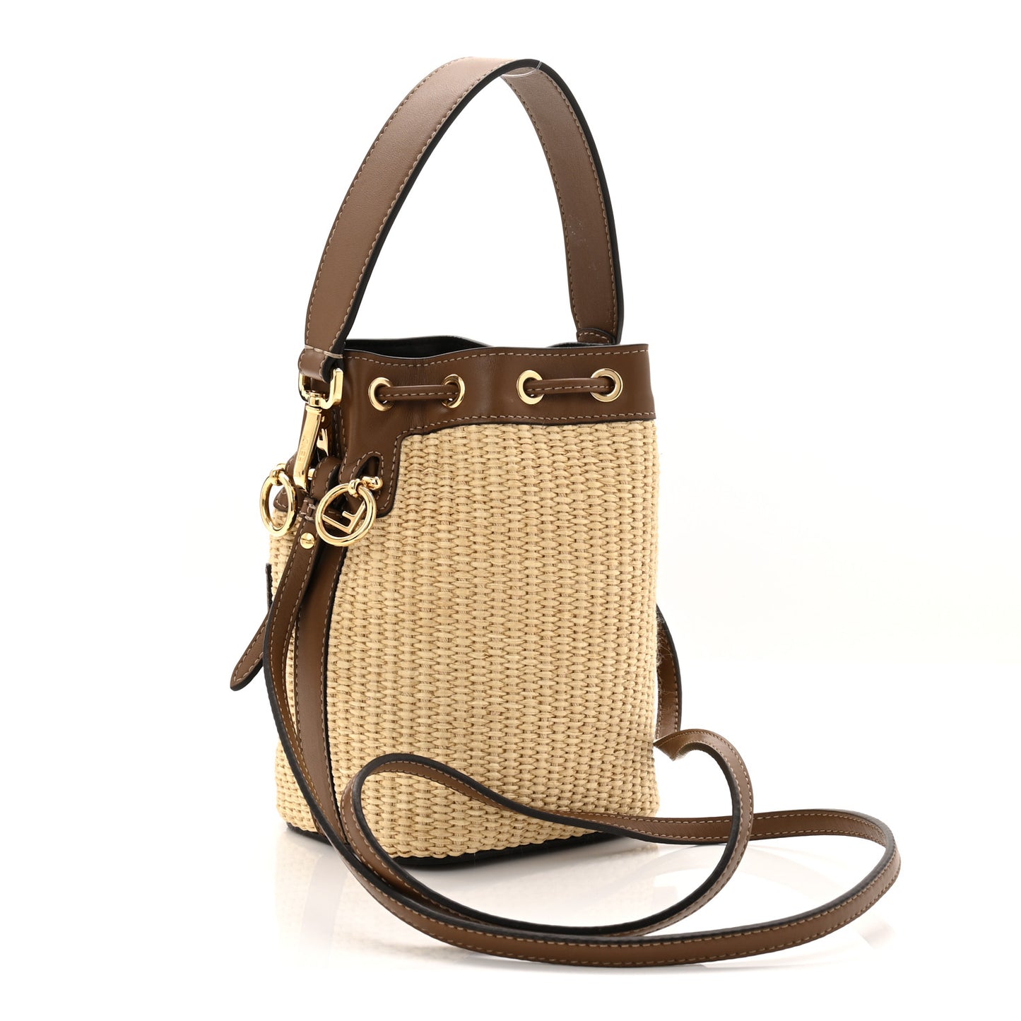 Straw F is Fendi Logo Crochet Mini Mon Tresor Bucket Bag Naturale Black